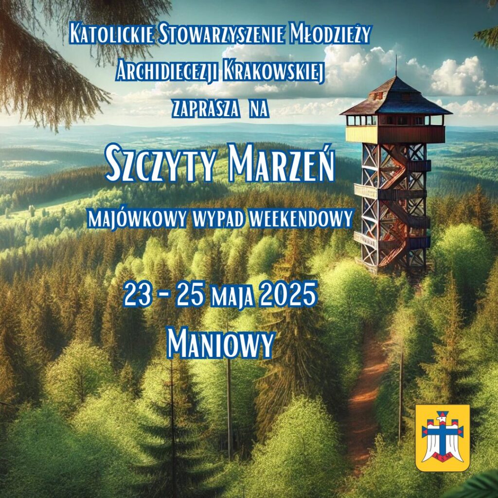 Plakat - Las z wieżą obserwacyjna i napisem Szczyty Marzeń